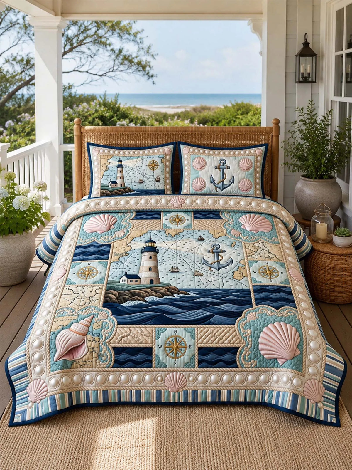 Coastal Lighthouse Quilted 3-Piece Bedding Set – Luxury Quilted Bedding with Matching Pillow Shams