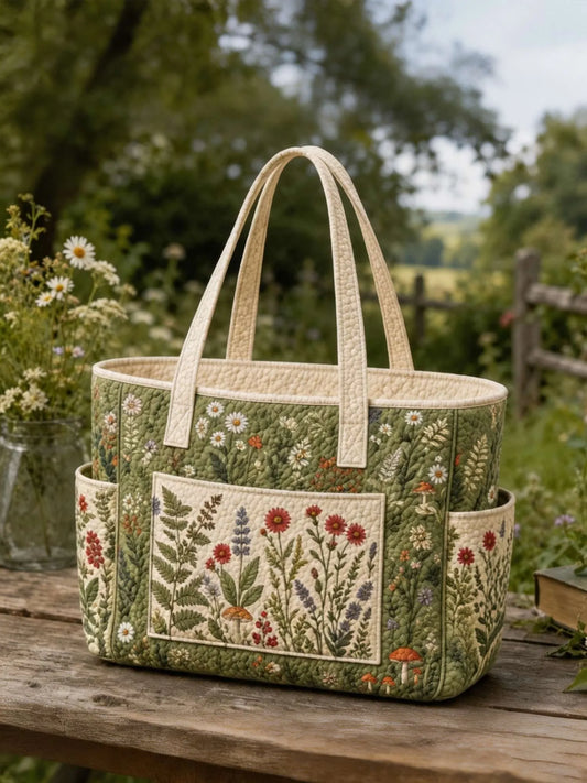 Cottagecore Floral Multiple Pockets Quilted Tote Bag