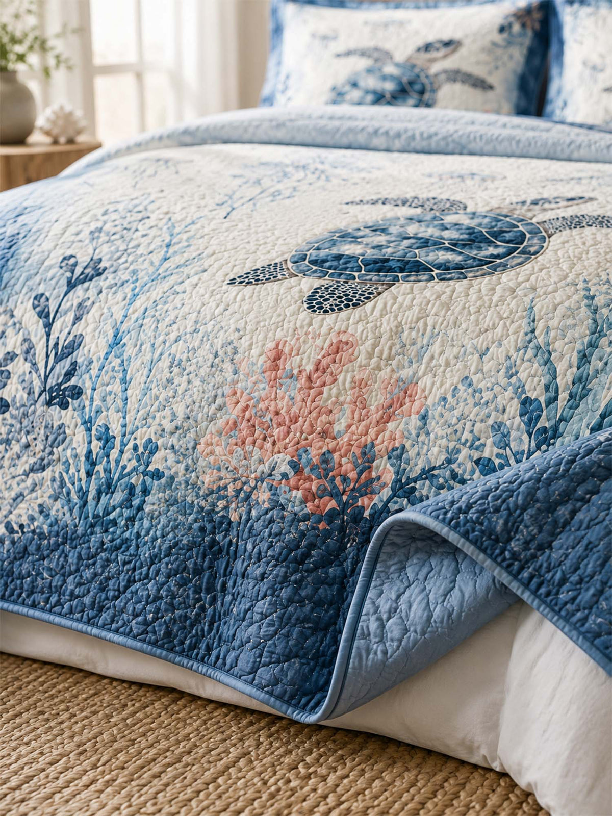 Ocean Turtle Coral Reef Coastal Quilted 3-Piece Bedding Set