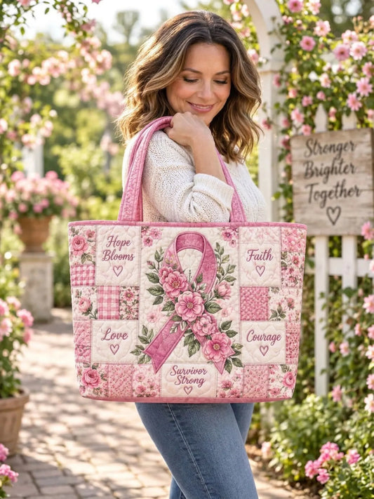 Hope Blooms Pink Ribbon Rose Floral Patchwork Quilted Tote Bag