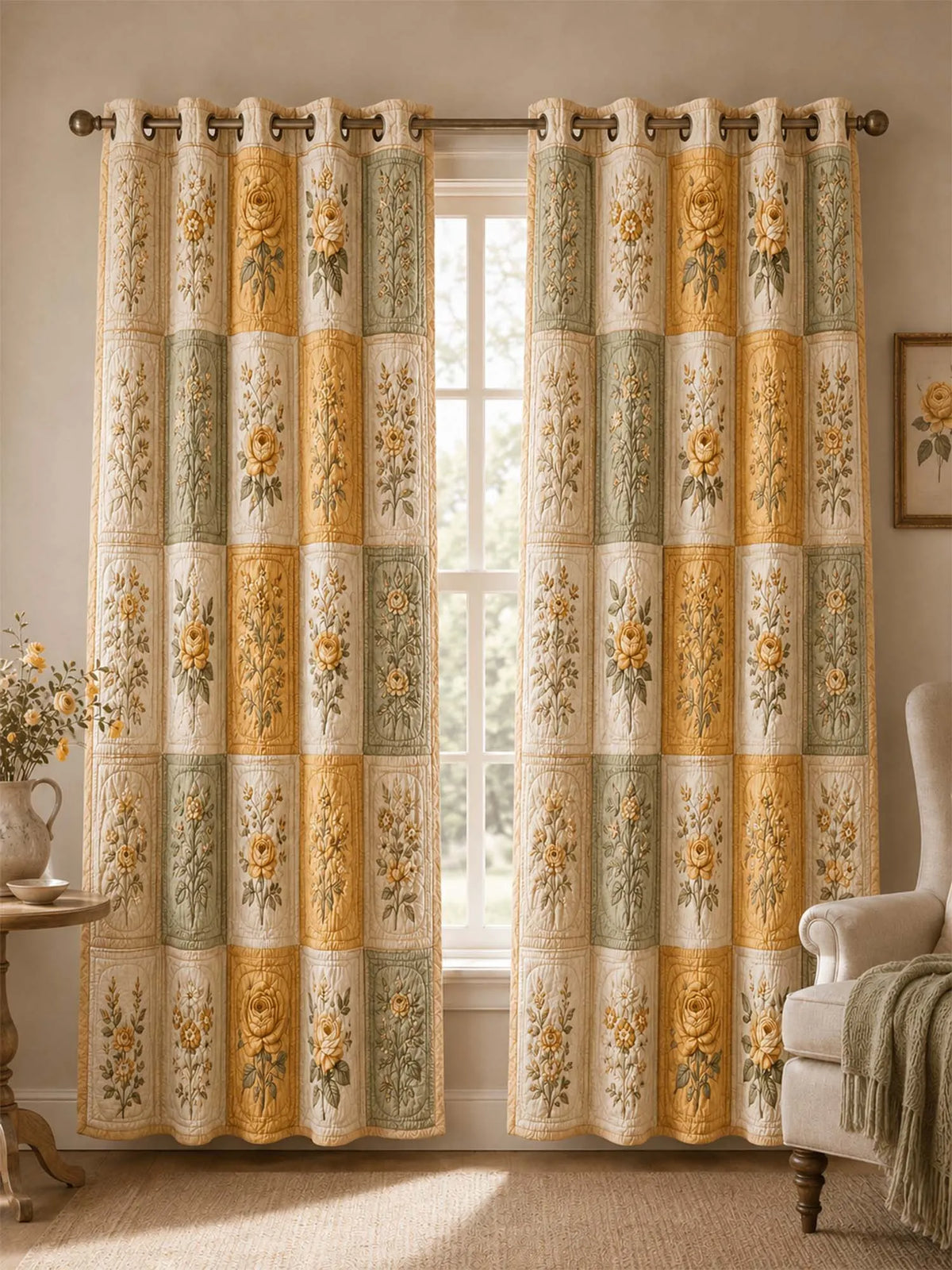 Vintage Rose Patchwork Quilted 2-Panel Curtain Set