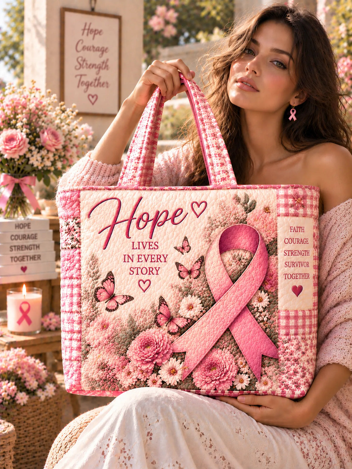 Hope Lives In Every Story Pink Ribbon Quilted Tote Bag