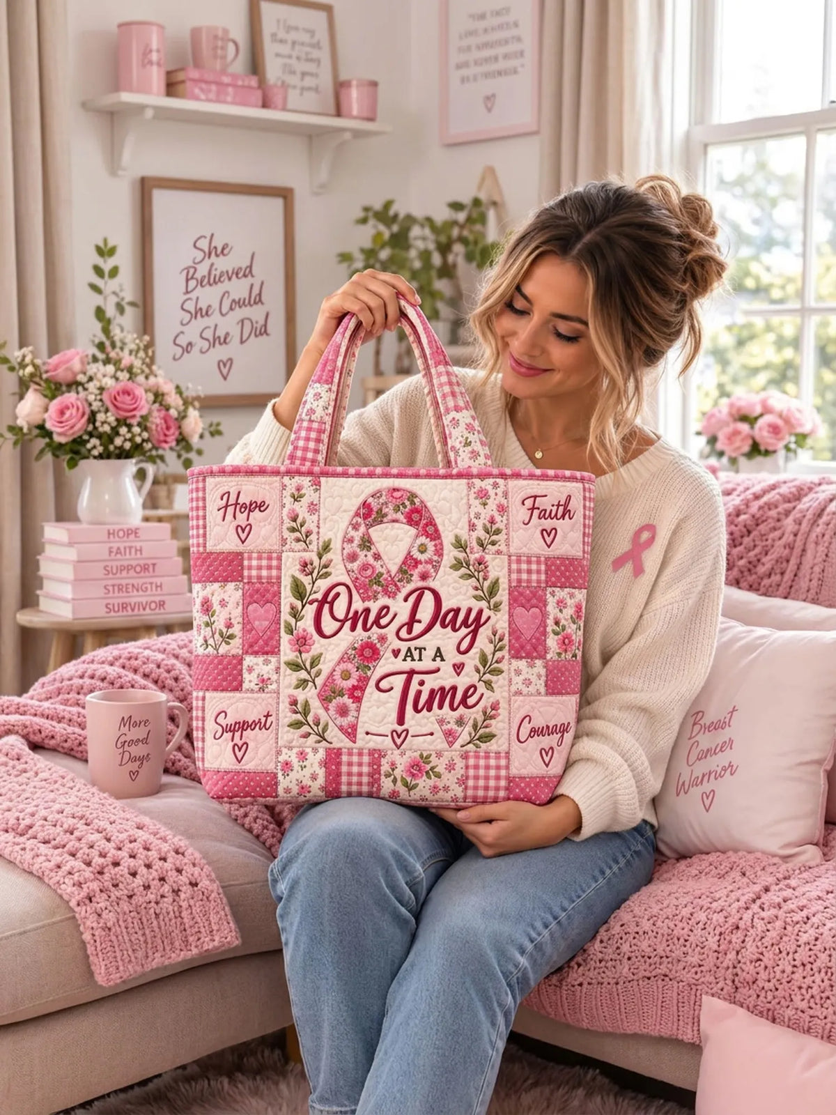 Pink Ribbon Breast Cancer Floral Patchwork Quilted Tote Bag