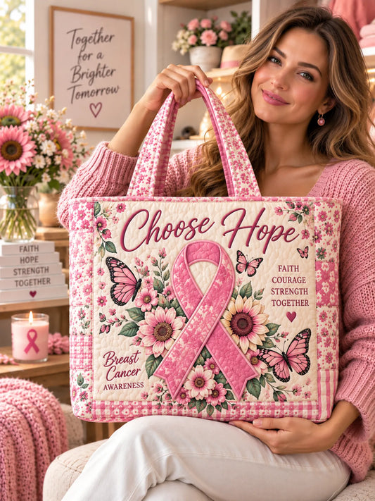 Choose Hope Pink Ribbon Sunflower Butterfly Patchwork Quilted Tote Bag