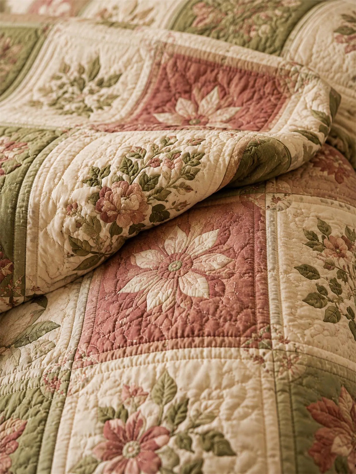 Vintage Floral Patchwork Quilted 3-Piece Bedding Set – Luxury Quilted Bedding with Matching Pillow Shams
