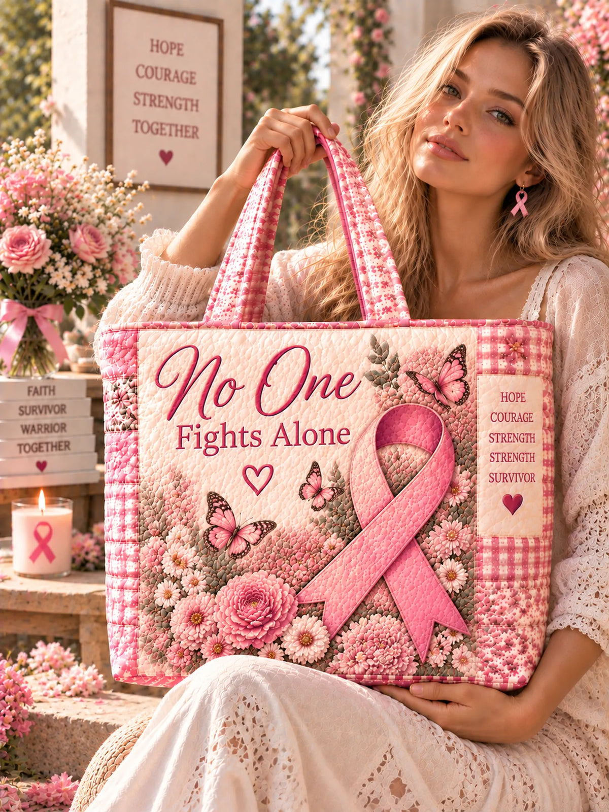 No One Fights Alone Pink Ribbon Butterfly Patchwork Quilted Tote Bag
