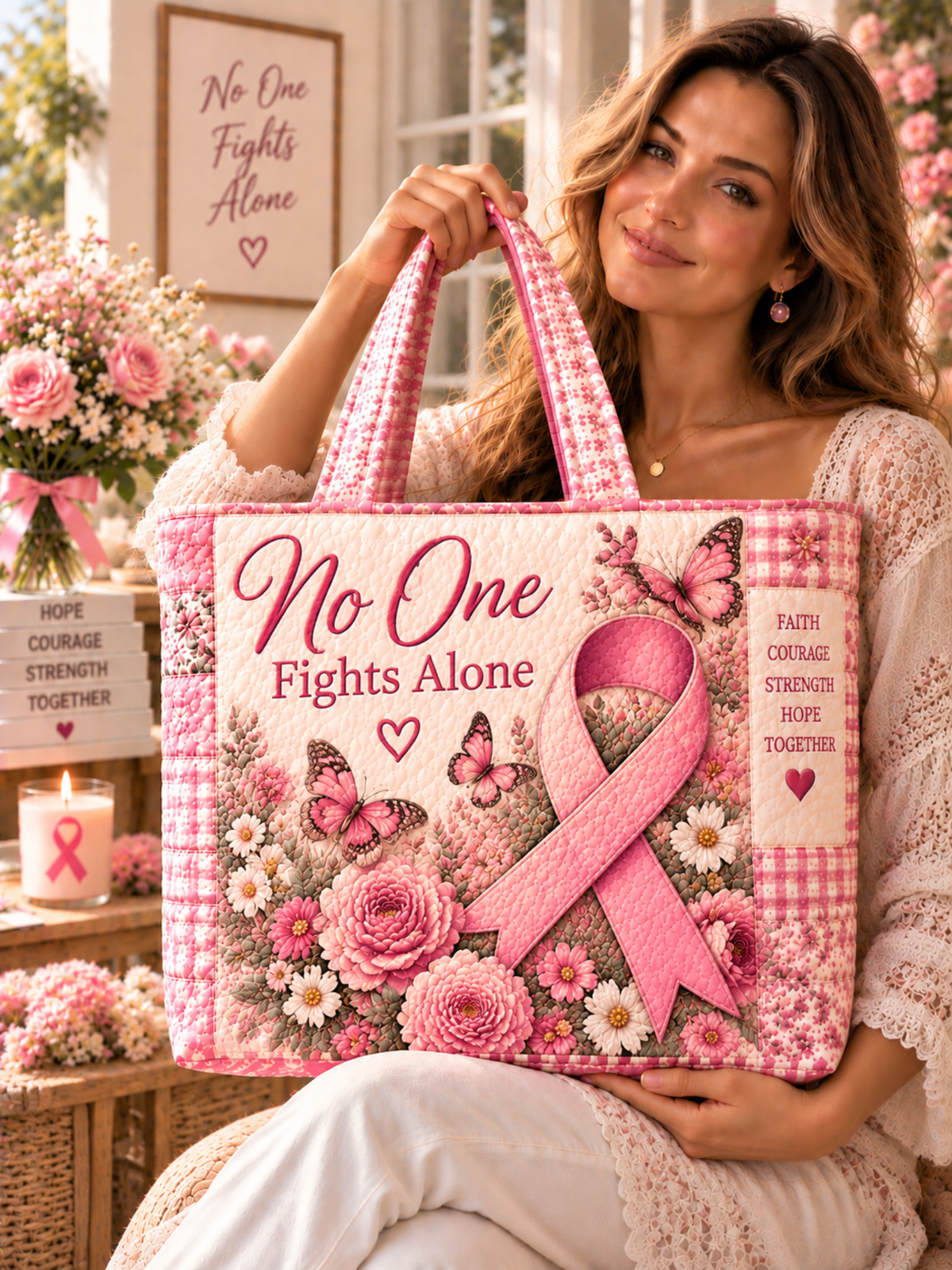 No One Fights Alone Pink Ribbon Butterfly Floral Patchwork Quilted Tote Bag