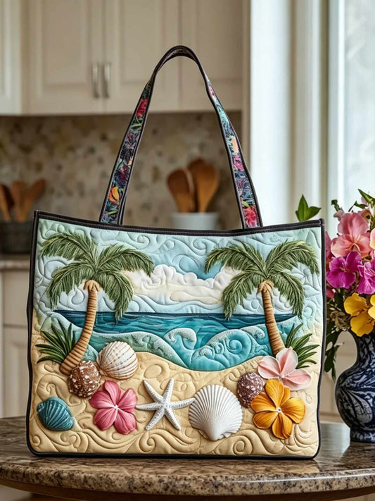 Beach Resort Palm Tree Seashell Pattern Quilted Tote Bag