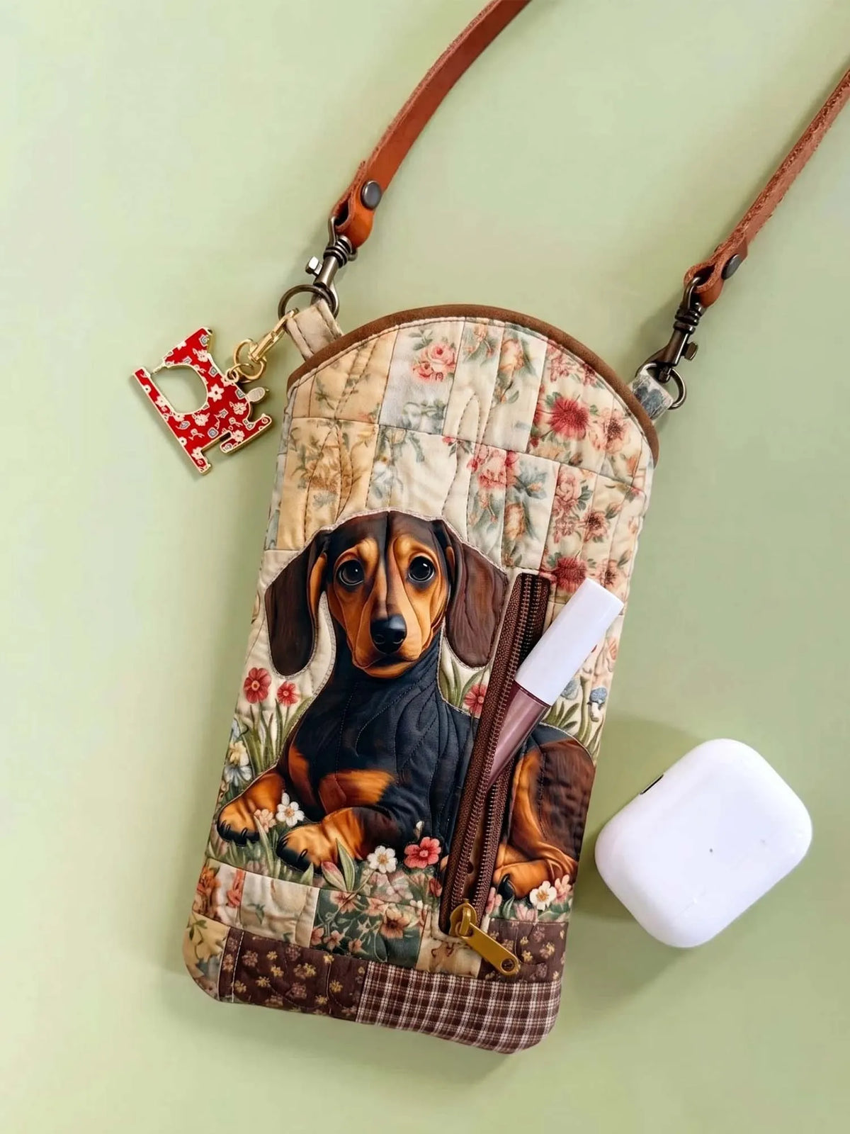 Floral Patchwork Dachshund Quilted Slim Phone Crossbody Bag Style B