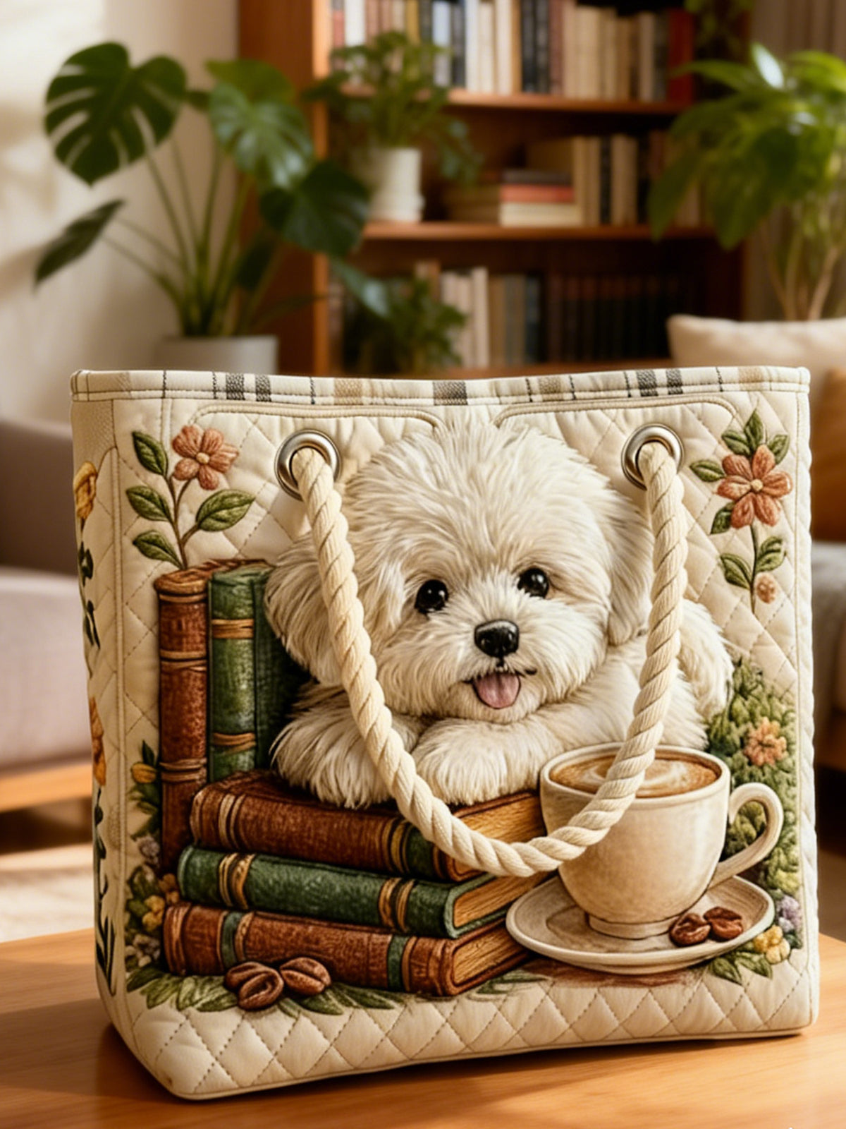 3D Book & Coffee Bichon Frise Quilted Handbag