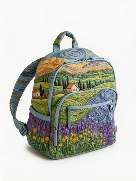 Van Gogh-Style Pastoral Landscape Quilted Backpack