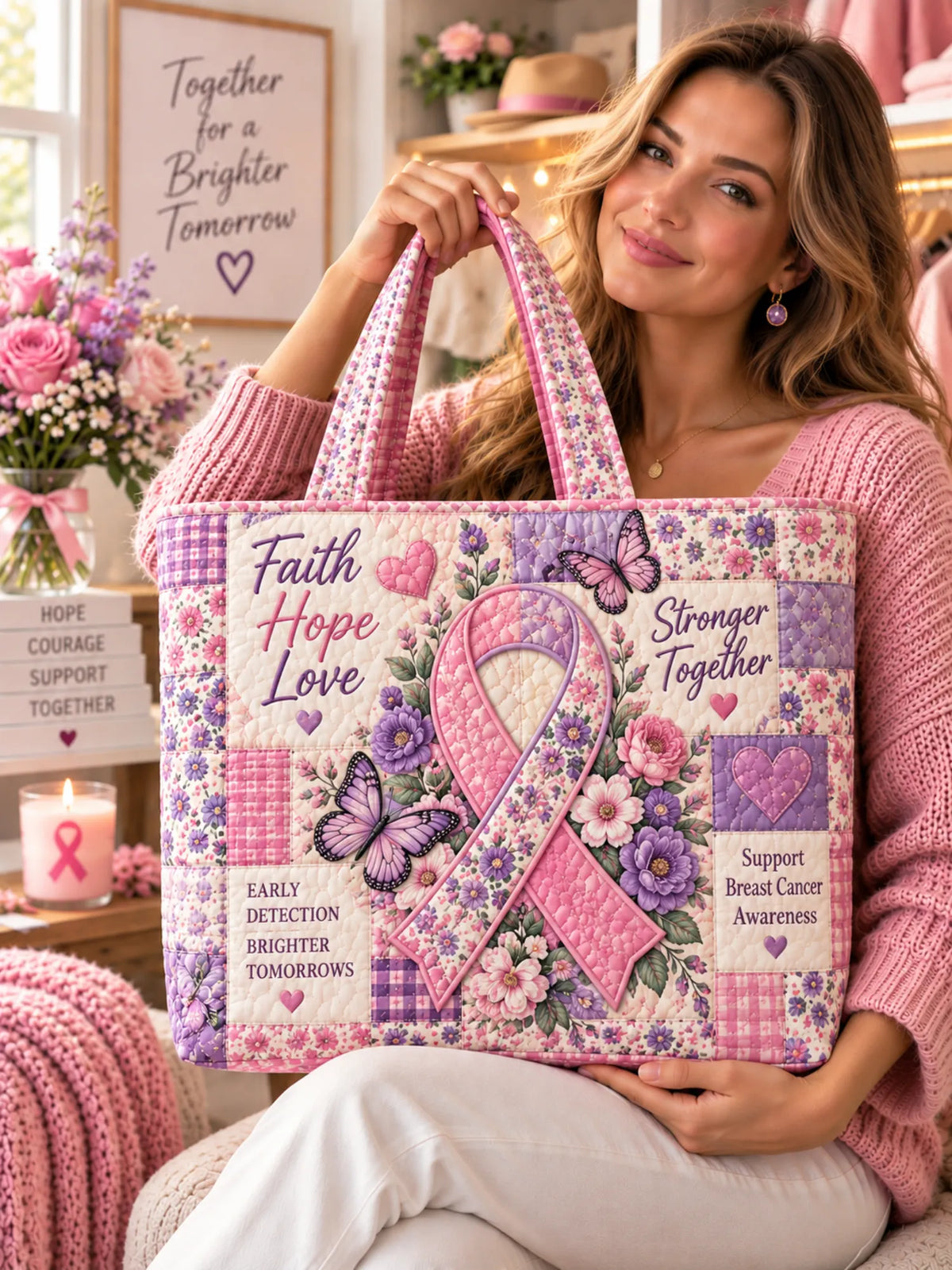 Faith Hope Love Pink Purple Ribbon Butterfly Patchwork Quilted Tote Bag