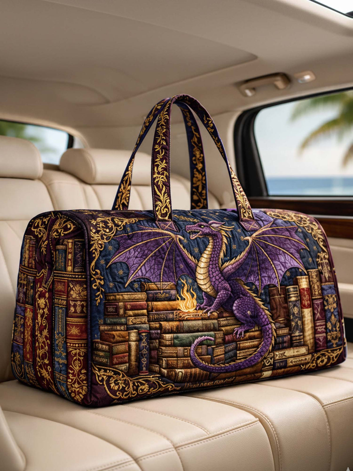 Mysterious Dragons And Books Quilted Duffle Bag