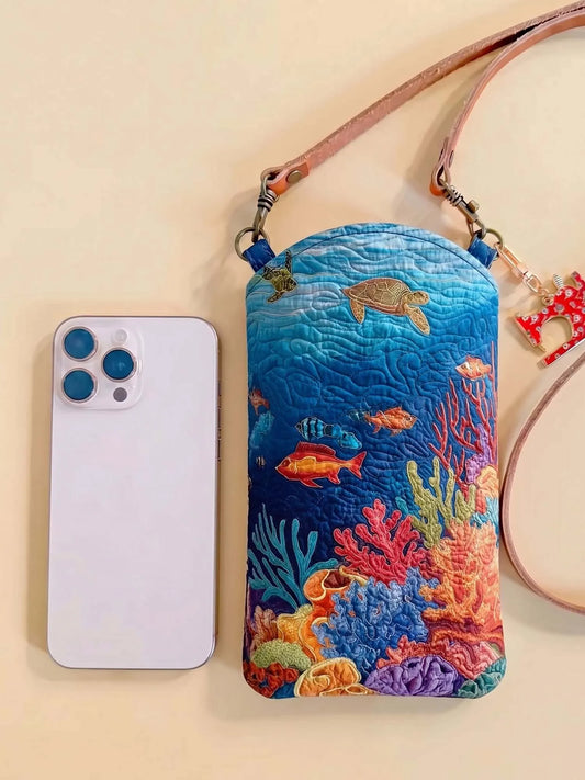 Coral Reef Ocean Turtle Fish Quilted Slim Phone Crossbody Bag