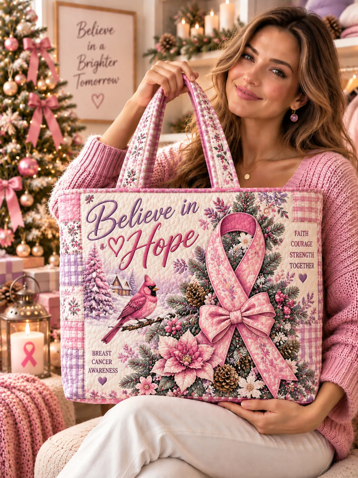 Believe in Hope Pink Ribbon Cardinal Winter Christmas Patchwork Quilted Tote Bag