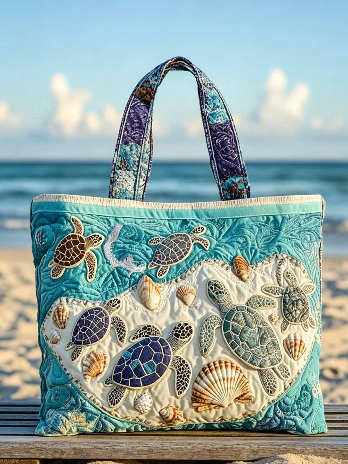 Turtle Returning To Nest Pattern Quilted Tote Bag