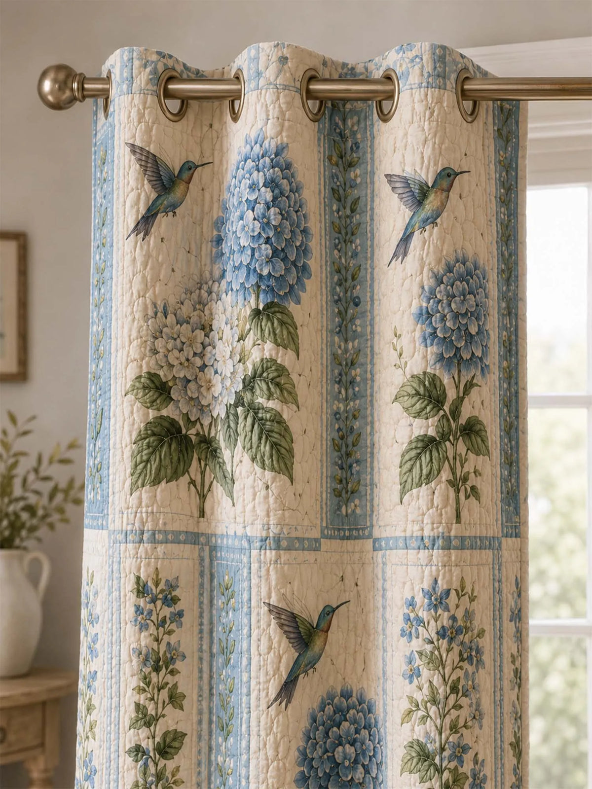 Vintage Blue Hydrangea Hummingbird Patchwork Quilted 2‐Panel Curtain Set