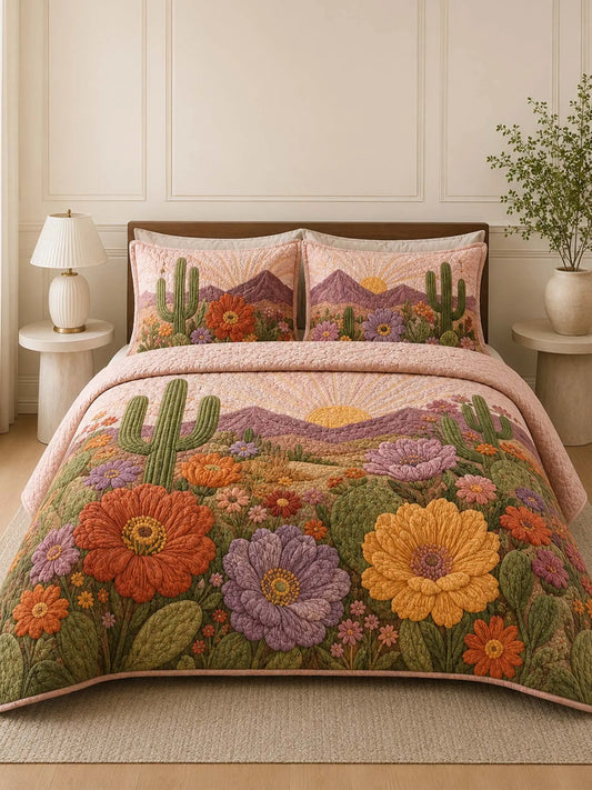 Desert Cactus Floral Quilted 3-Piece Bedding Set – Rustic Southwestern Quilted Bedding with Matching Pillow Shams