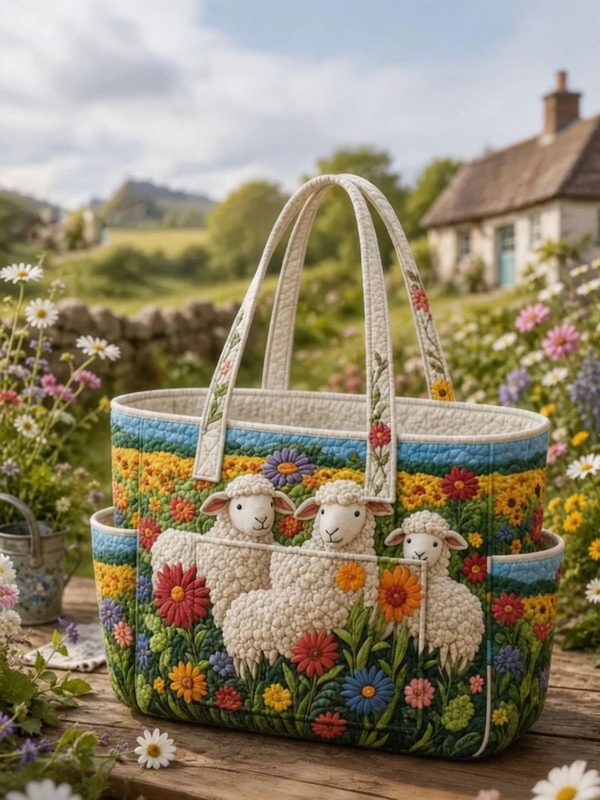 Floral Sheep Multiple Pockets Quilted Tote Bag