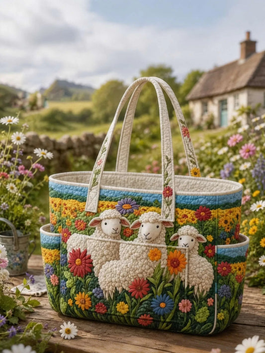 Floral Sheep Multiple Pockets Quilted Tote Bag