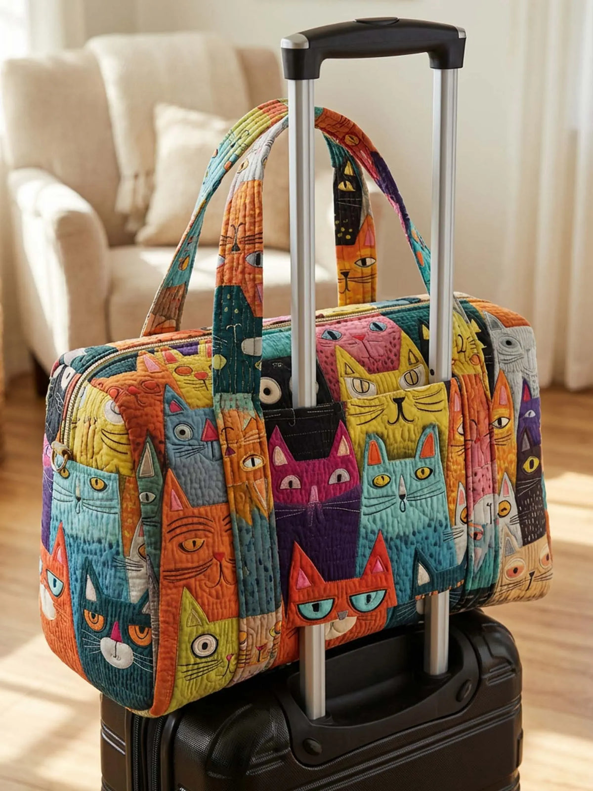 Colorful Cat Quilted Weekender Bag With Trolley Sleeve