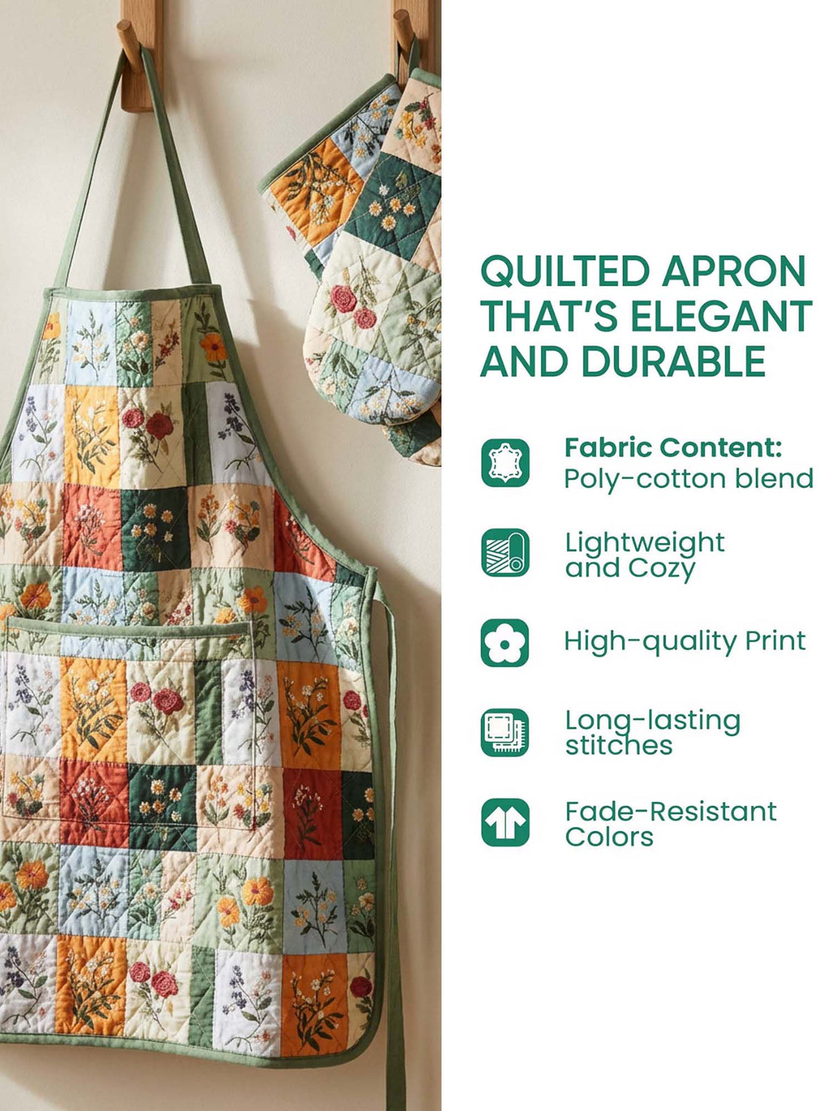 Book And Cat Quilted Apron Set (2-Piece) – Padded Apron + Heat-Resistant Oven Mitts