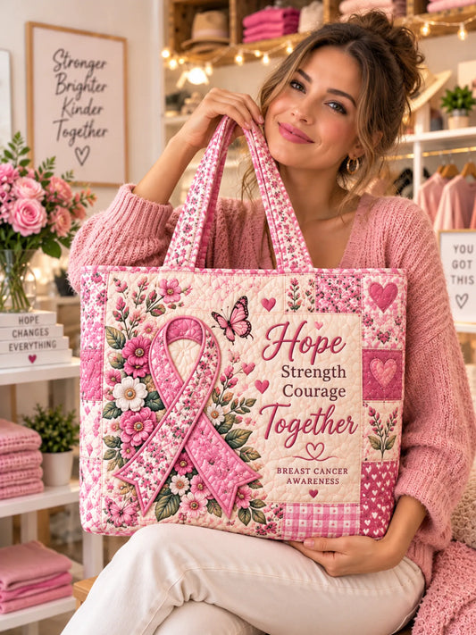 Hope Strength Courage Pink Ribbon Butterfly Patchwork Quilted Tote Bag
