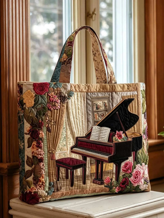 Vintage Grand Piano Floral Patchwork Quilted Tote Bag