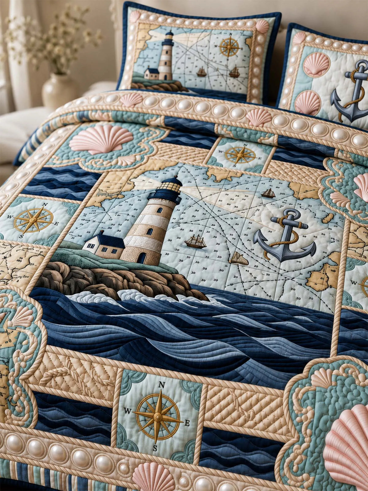 Coastal Lighthouse Quilted 3-Piece Bedding Set – Luxury Quilted Bedding with Matching Pillow Shams