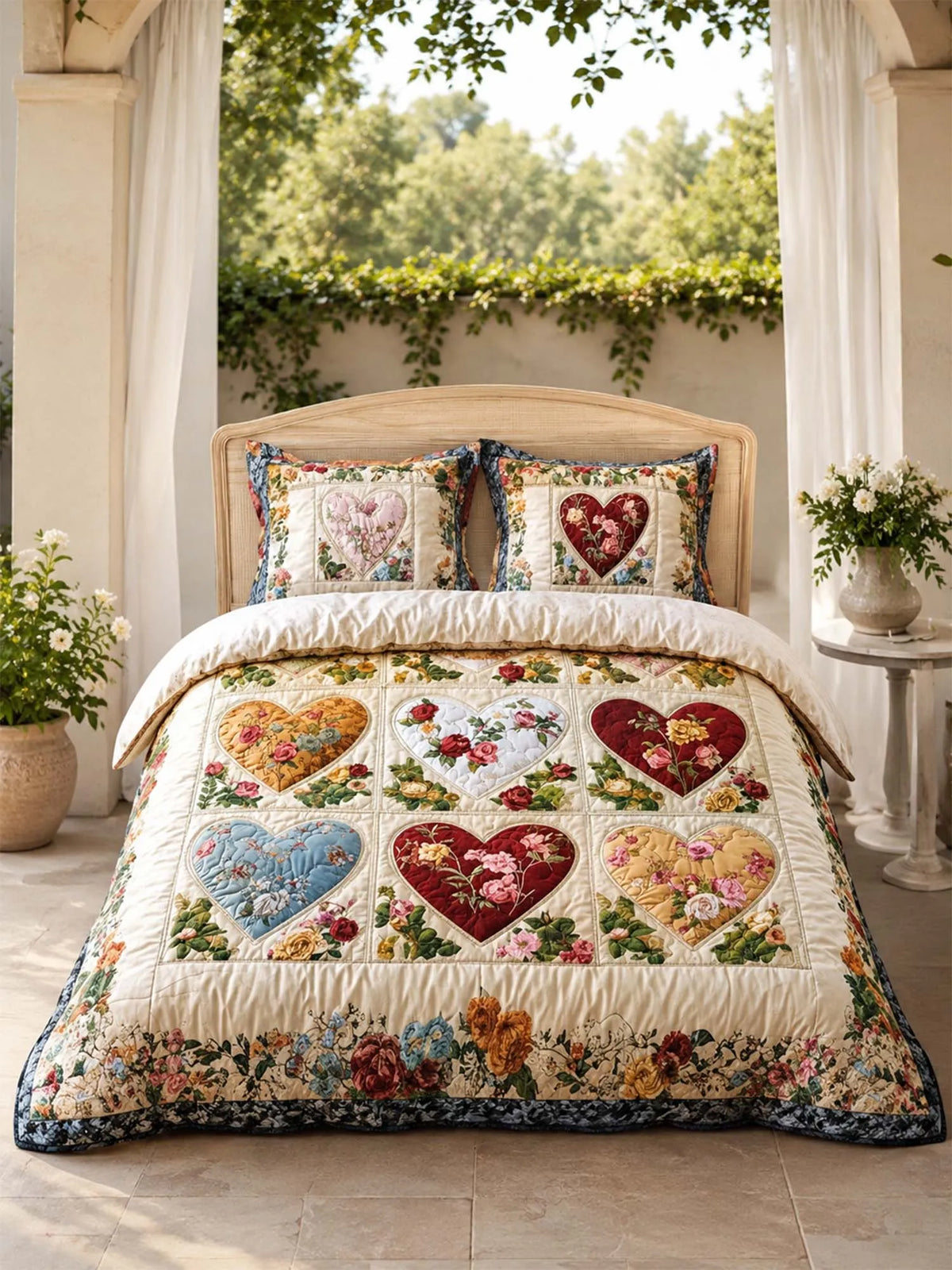 Vintage Heart Floral Quilted 3-Piece Bedding Set – Luxury Quilted Bedding with Matching Pillow Shams
