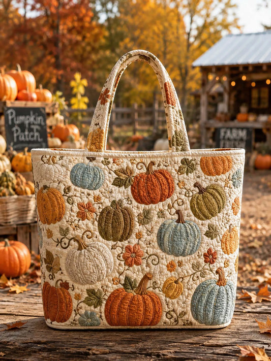 Autumn Harvest Multi‐Color Pumpkin Quilted Tote Bag