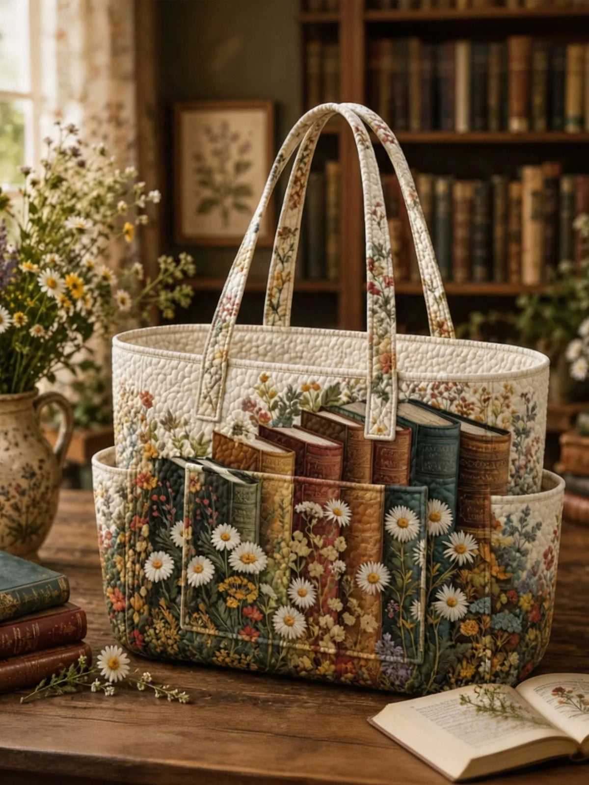 Bookish Multiple Pockets Quilted Tote Bag
