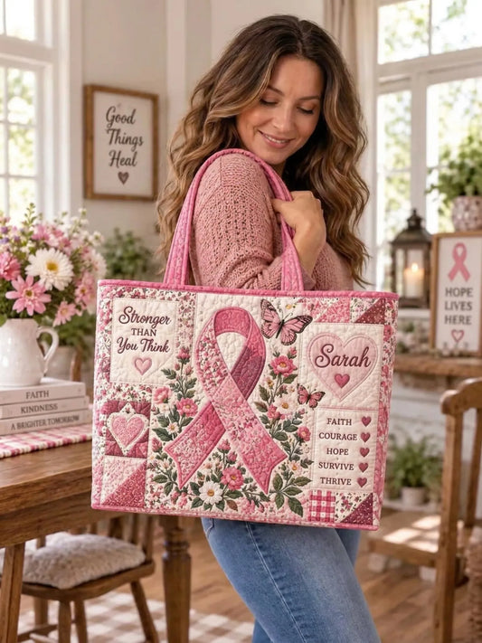 Stronger Than You Think Pink Ribbon Butterfly Floral Patchwork Quilted Tote Bag