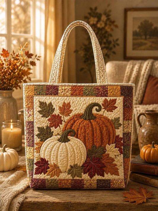 Autumn Harvest Pumpkin & Maple Leaf Patchwork Quilted Tote Bag