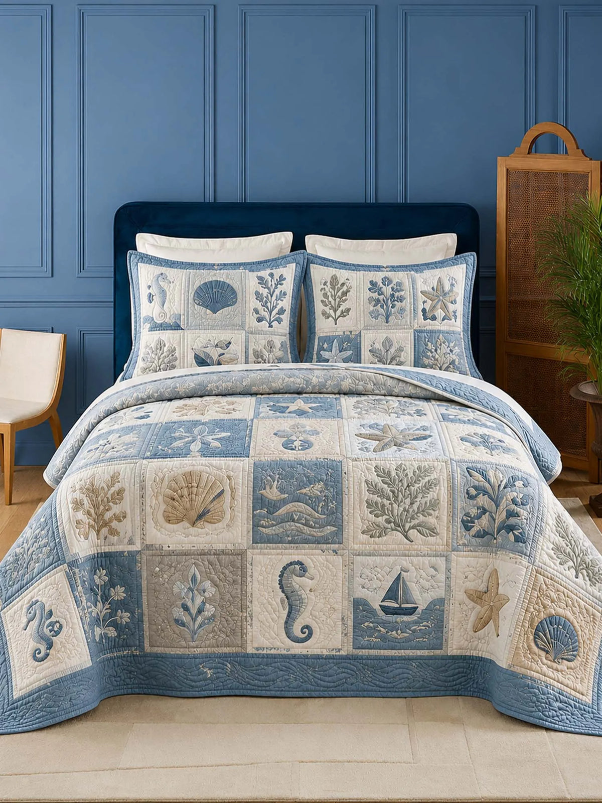 Coastal Ocean Quilted 3-Piece Bedding Set – Luxury Quilted Bedding with Matching Pillow Shams