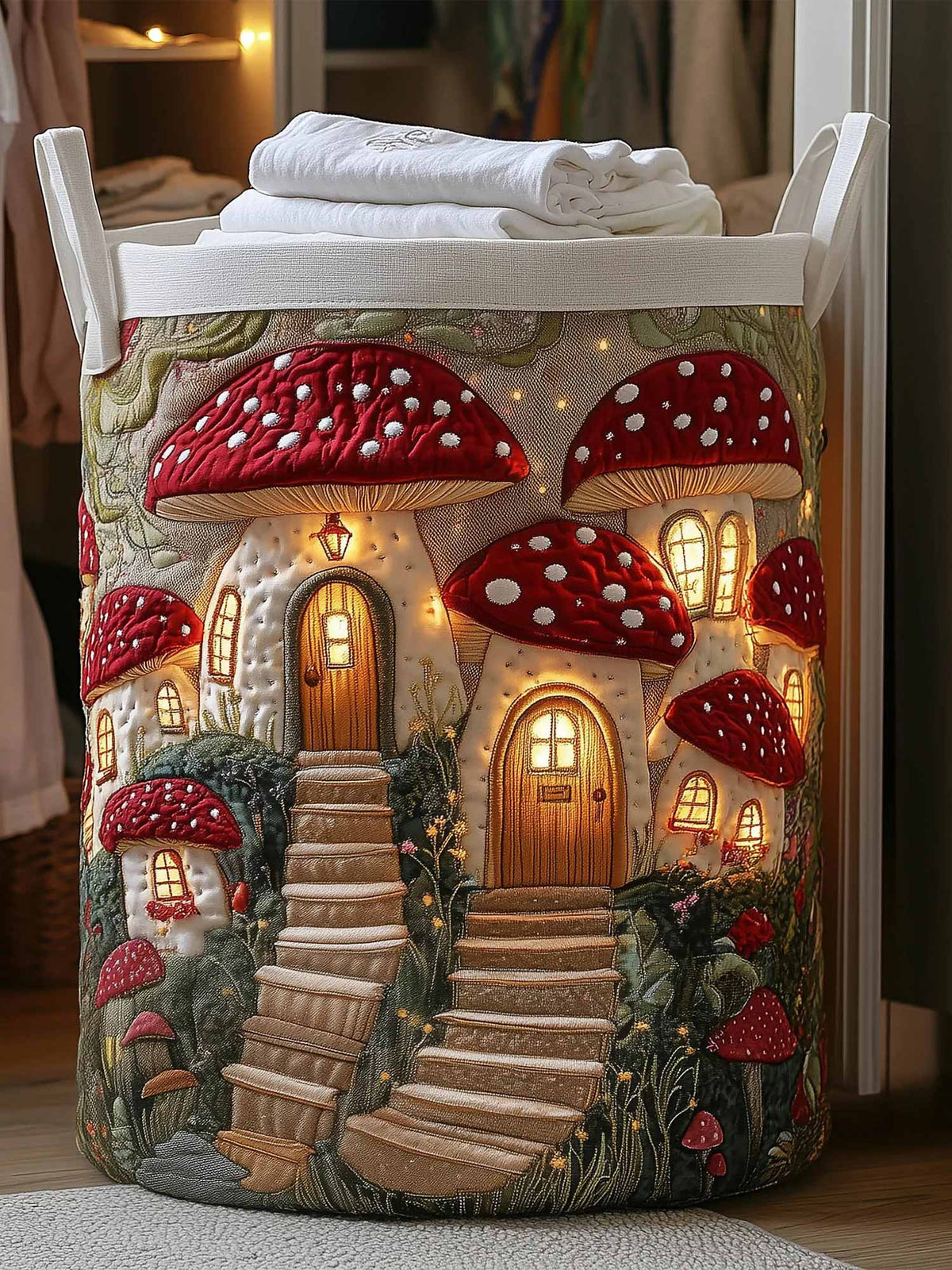 Mushroom Cottage Quilted Laundry Basket