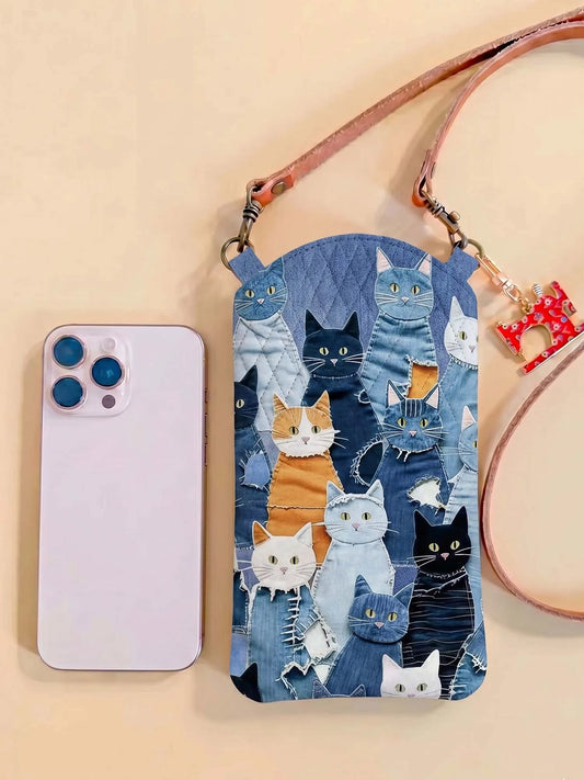 Cute Cat Quilted Slim Phone Crossbody Bag Style A