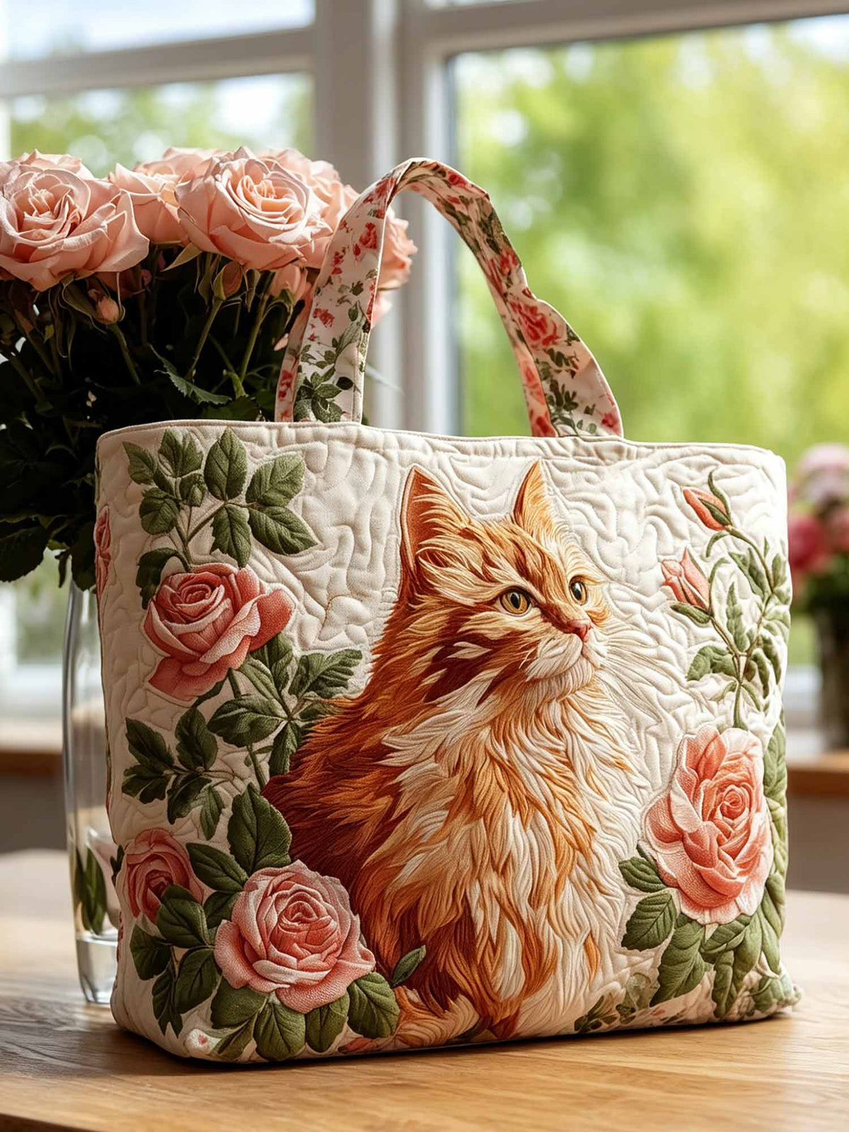 Cat and Rose Quilted Tote Bag
