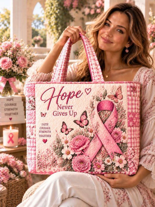 Hope Never Gives Up Pink Ribbon Floral Butterfly Patchwork Quilted Tote Bag