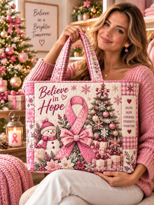 Believe in Hope Pink Ribbon Christmas Snowman Patchwork Quilted Tote Bag