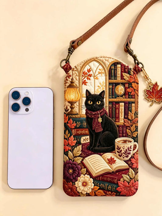 Cottagecore Black Cat Bookish Quilted Slim Phone Crossbody Bag