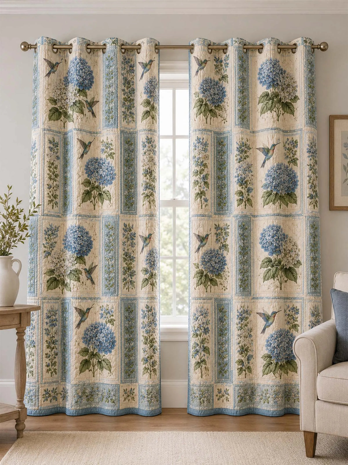 Vintage Blue Hydrangea Hummingbird Patchwork Quilted 2‐Panel Curtain Set