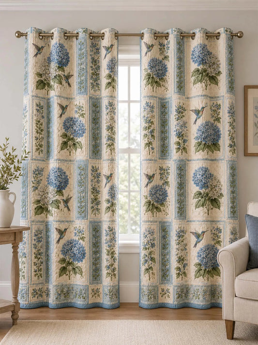 Vintage Blue Hydrangea Hummingbird Patchwork Quilted 2‐Panel Curtain Set