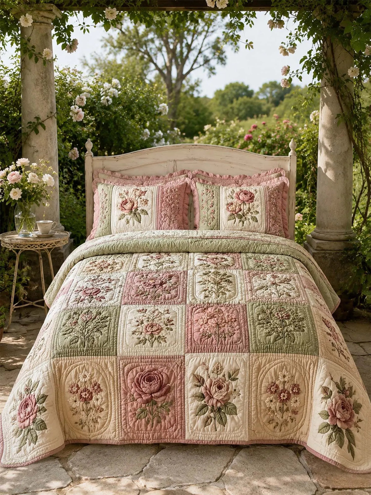 Vintage Rose Floral Quilted 3-Piece Bedding Set – Luxury Quilted Bedding with Matching Pillow Shams