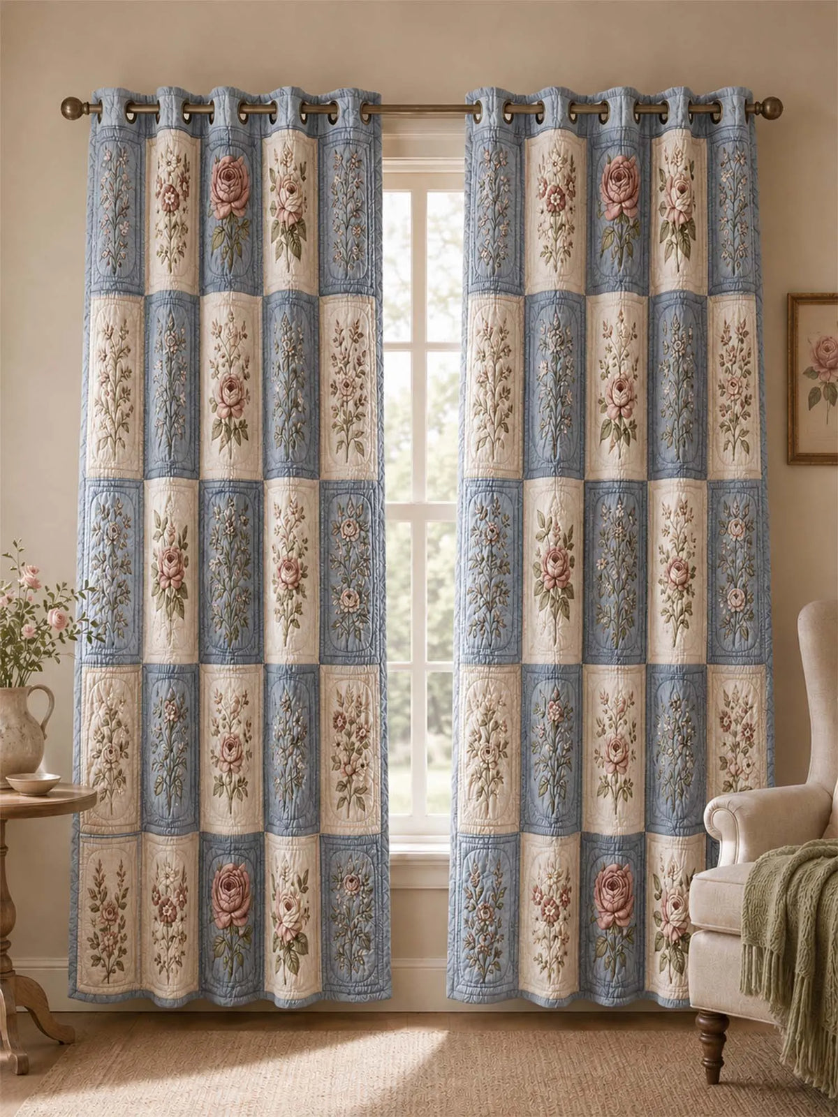 Vintage Rose Patchwork Quilted 2-Panel Curtain Set