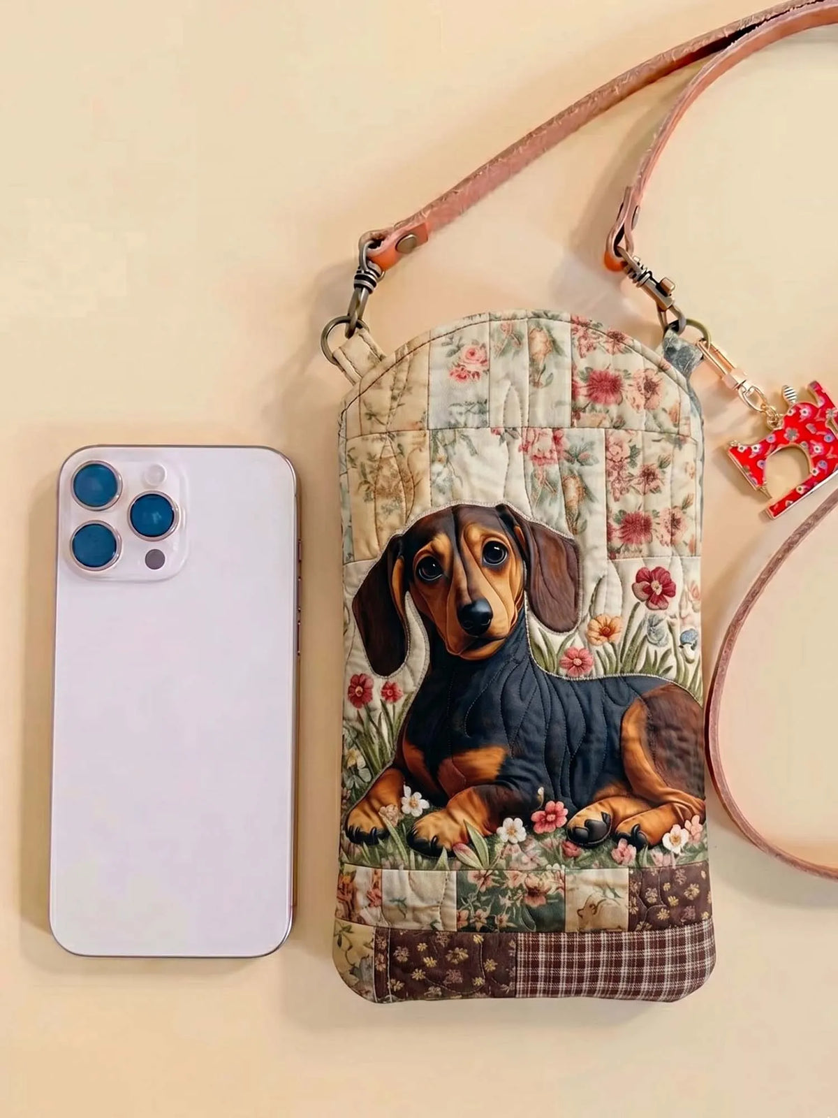 Floral Patchwork Dachshund Quilted Slim Phone Crossbody Bag Style B