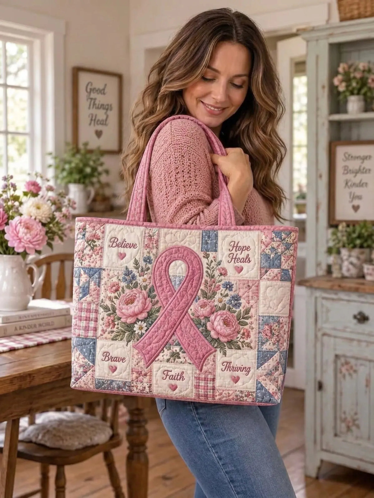 Hope Heals Pink Ribbon Peony Floral Patchwork Quilted Tote Bag