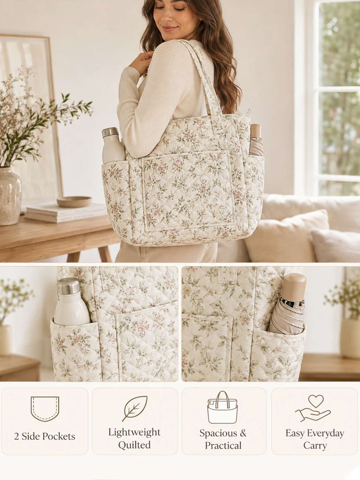 Elegance Hummingbird Multiple Pockets Quilted Tote Bag