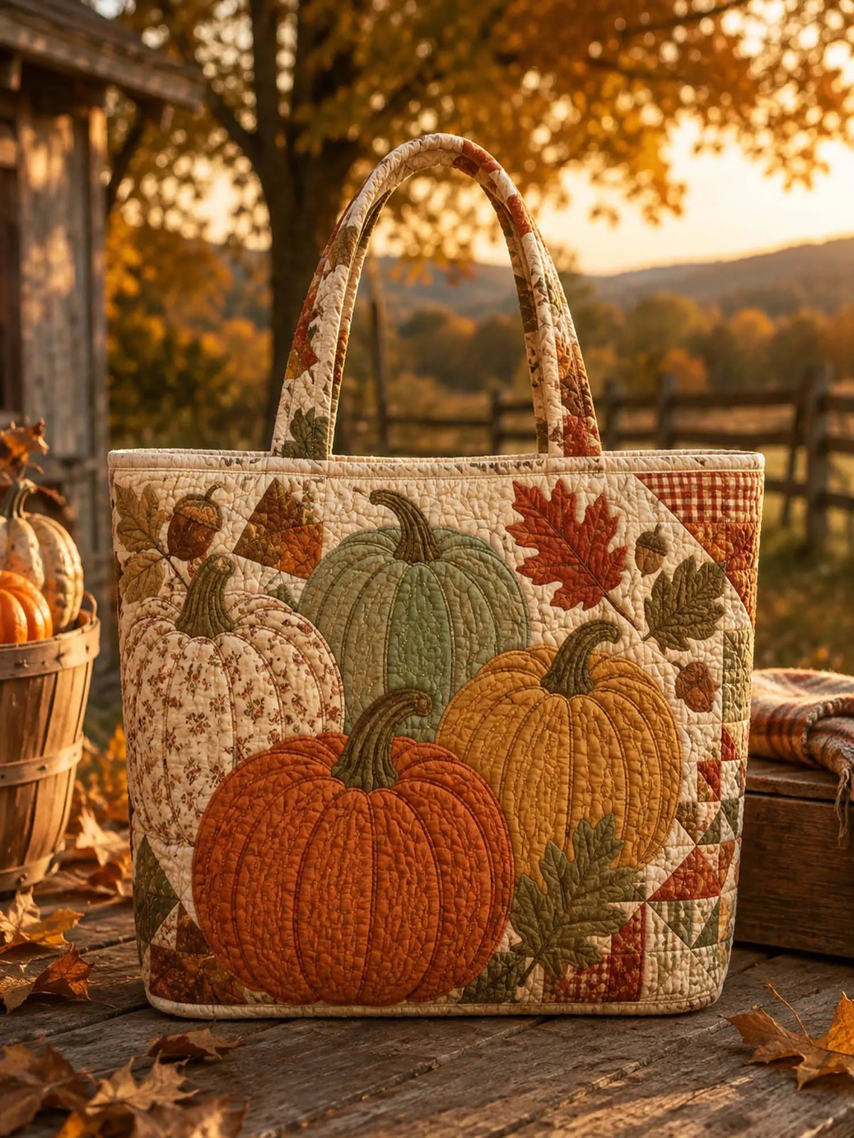Rustic Acorn & Multi‐Shade Pumpkin Patchwork Quilted Tote Bag