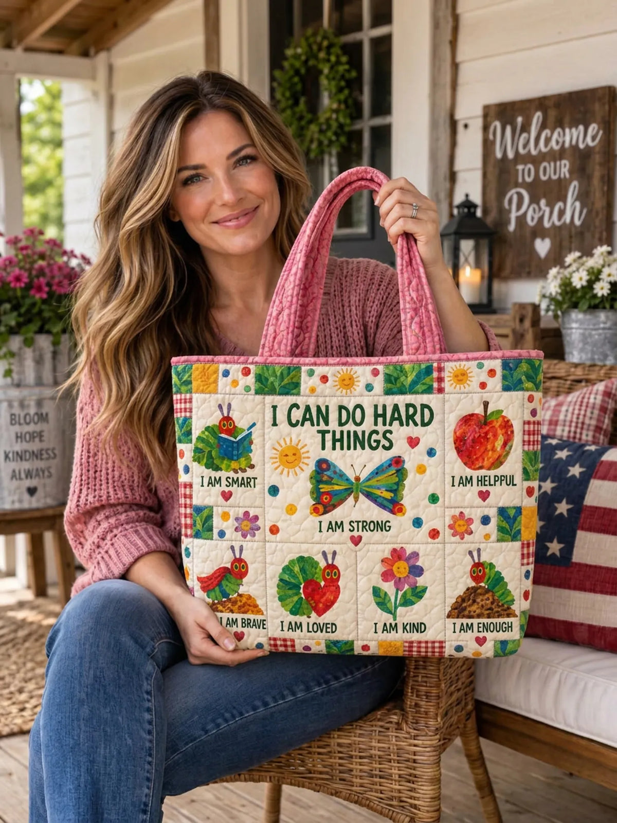 Kids Inspirational Caterpillar Floral Patchwork Quilted Tote Bag